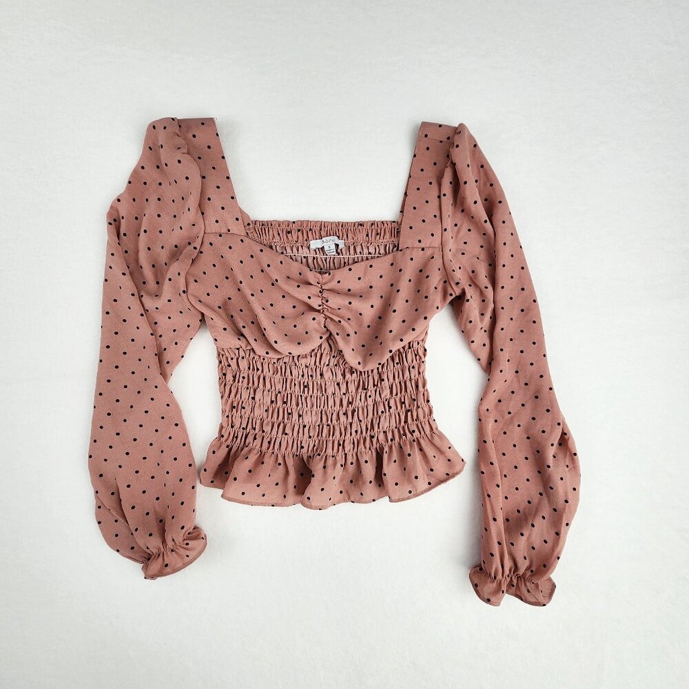 Square Neck Smocked Peplum Top in Dusty Rose Polka Dot